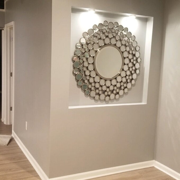Large Silver Multimirror Metal Round Wall Mirrors Of Size 42"H x 42"W, Are Waterproof, Corrosion Proof, Scratch Resistant, Arrives Ready To Hang, available exclusively on Shahi Sajawat India, the world of home decor products.Best trendy home decor, living room, kitchen and bathroom decor ideas of 2021.