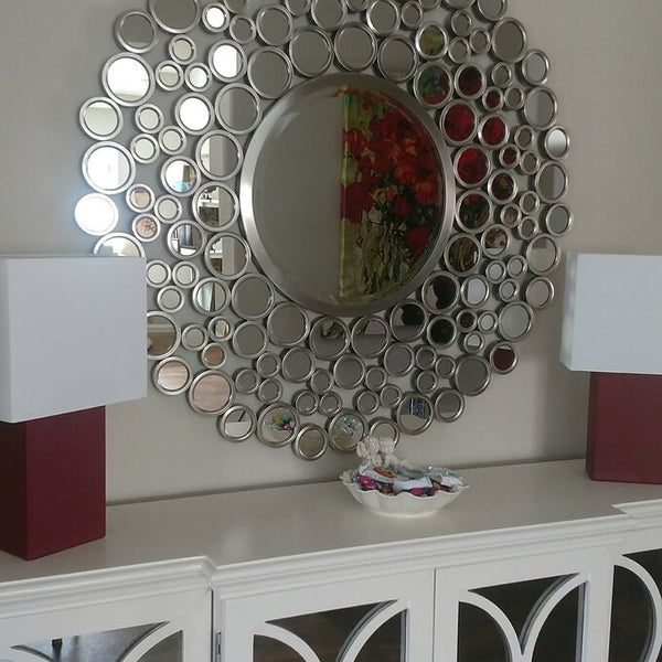 Large Silver Multimirror Metal Round Wall Mirrors Of Size 42"H x 42"W, Are Waterproof, Corrosion Proof, Scratch Resistant, Arrives Ready To Hang, available exclusively on Shahi Sajawat India, the world of home decor products.Best trendy home decor, living room, kitchen and bathroom decor ideas of 2021.