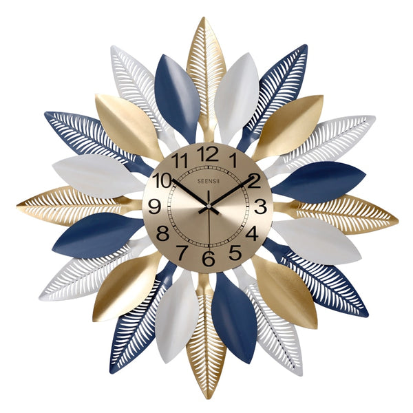 Large Golden/Blue Wrought Iron Wall Clocks With Leafy Patterns Are Circular Shaped, Quartz, has a Needle Display, in 2 Sizes Of 52×52cm and 60×60cm, powered by 1×AA Battery, available exclusively on Shahi Sajawat India, the world of home decor products.Best trendy home decor, living room and kitchen decor ideas of 2020.
