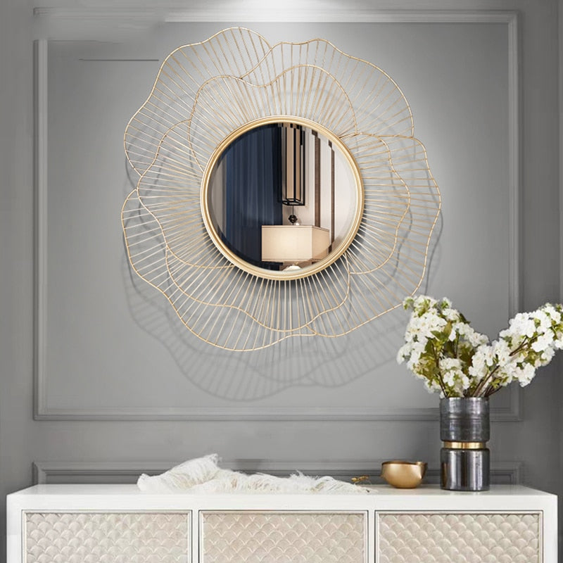 Large Golden 3D Flower Patterned Wrought Iron Wall Mirror Of  Appearance Size of 85×85cm and Mirror Size of 4.5×4.5cm.. Mirror is waterproof, corrosion resistant and scratch resistant, available exclusively on Shahi Sajawat India, the world of home decor products.Best trendy home decor, living room and kitchen decor ideas of 2019.