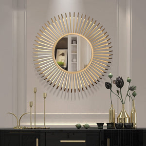 Large Golden Sunburst Wrought Iron Wall Mirror Of Appearance Size 80x80cm And Mirror Size 9cm Is Waterproof, Corrosion resistant and Scratch resistant, available exclusively on Shahi Sajawat India, the world of home decor products.Best trendy home decor, living room and kitchen decor ideas of 2019.