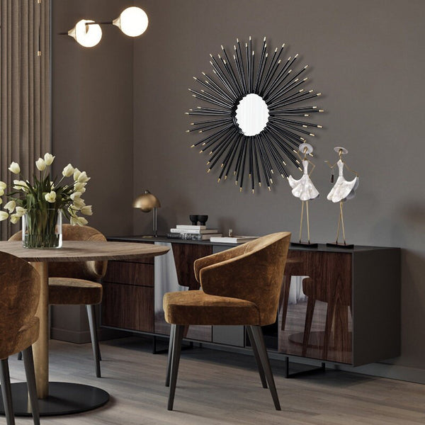 Black Sunburst Wrought Iron (Metal) Wall Mirrors Of Size 80×80cm Are Waterproof, Corrosion resistant, Scratch Resistant, available exclusively on Shahi Sajawat India, the world of home decor products.Best trendy home decor, living room, kitchen and bathroom decor ideas of 2021.