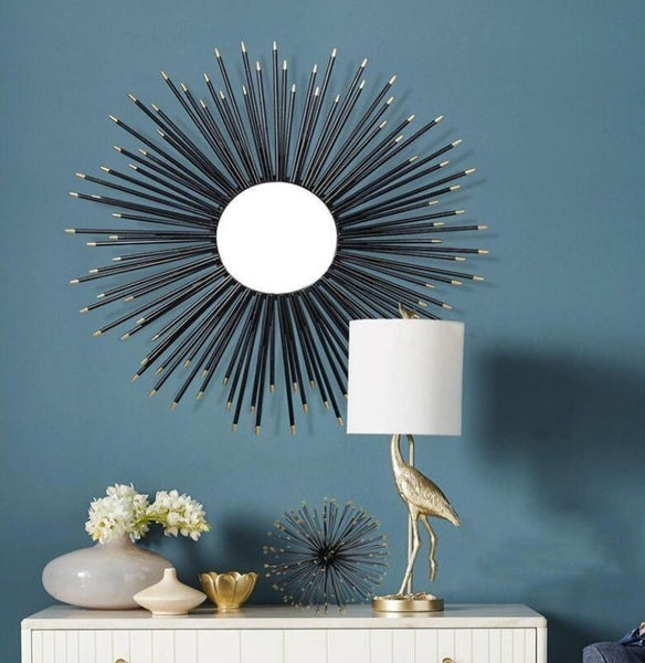Black Sunburst Wrought Iron (Metal) Wall Mirrors Of Size 80×80cm Are Waterproof, Corrosion resistant, Scratch Resistant, available exclusively on Shahi Sajawat India, the world of home decor products.Best trendy home decor, living room, kitchen and bathroom decor ideas of 2021.