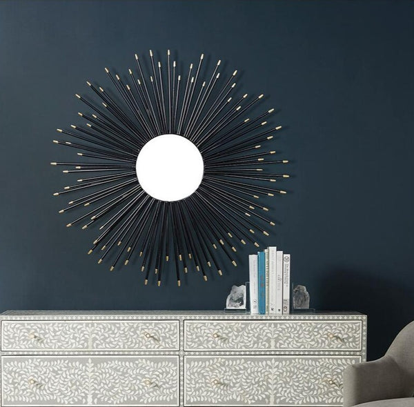Black Sunburst Wrought Iron (Metal) Wall Mirrors Of Size 80×80cm Are Waterproof, Corrosion resistant, Scratch Resistant, available exclusively on Shahi Sajawat India, the world of home decor products.Best trendy home decor, living room, kitchen and bathroom decor ideas of 2021.