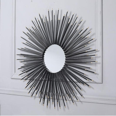 Black Sunburst Wrought Iron (Metal) Wall Mirrors Of Size 80×80cm Are Waterproof, Corrosion resistant, Scratch Resistant, available exclusively on Shahi Sajawat India, the world of home decor products.Best trendy home decor, living room, kitchen and bathroom decor ideas of 2021.