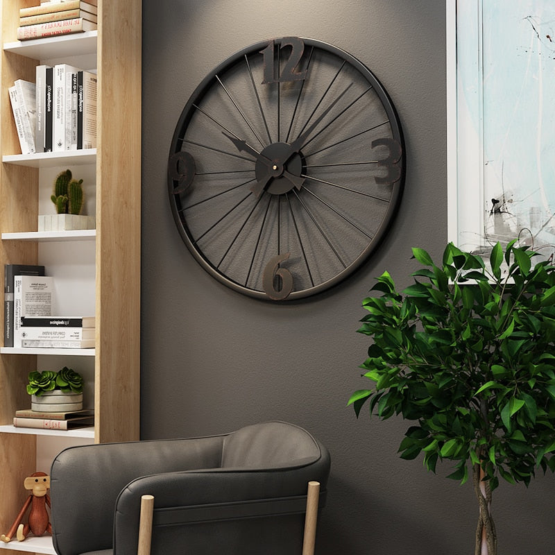 Large Black Wheel Like Circular Quartz Vintage Metal Wall Clocks Of Size 50×50cm And 60×60cm, With Single Face Form And Needle Display, available exclusively on Shahi Sajawat India,the world of home decor products.Best trendy home decor, living room, kitchen and bathroom decor ideas of 2021.