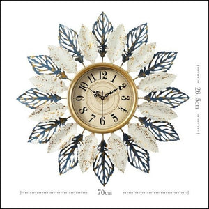 White, Blue, Gold Circular Nordic Leaves Quartz Metal (Wrought Iron) Wall Clocks Of Size 70×70cm, With Single Face Form And Needle Display, available exclusively on Shahi Sajawat India, the world of home decor products.Best trendy home decor, living room, kitchen and bathroom decor ideas of 2022.