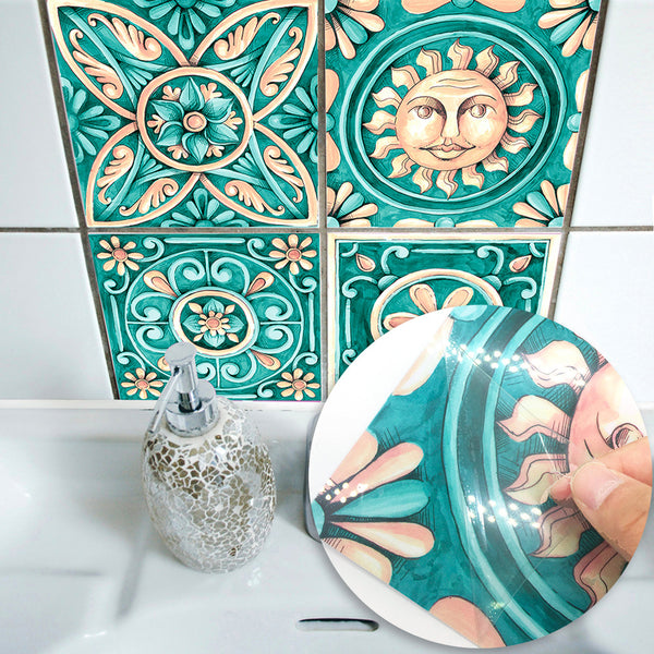 DIY Turqoise Self Adhesive PVC Tile stickers are eco-friendly,pearl gloss finished, mandala patterned,are waterproof,oil proof,available exclusively on Shahi Sajawat India,the world of home decor products.Best trendy home decor,living room,kitchen and bathroom decor ideas of 2020.