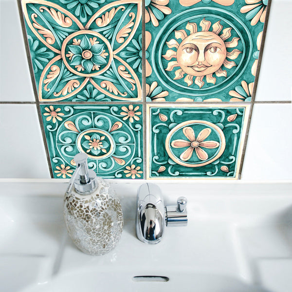 DIY Turqoise Self Adhesive PVC Tile stickers are eco-friendly,pearl gloss finished, mandala patterned,are waterproof,oil proof,available exclusively on Shahi Sajawat India,the world of home decor products.Best trendy home decor,living room,kitchen and bathroom decor ideas of 2020.