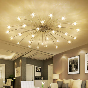 White Star Like Metal Sparlkly Chandeliers With Warm White & Cold White Lampshade colors,are iron finished,wedged base type,lighting area of 10-15square meters with 90-260VIs of Voltage and AC power source,installation type of cord pendant with more than 20 lights.Light source is LED Bulbs and bulbs are included in the package, available exclusively on Shahi Sajawat India, the world of home decor products.Best,trendy home decor and living room decor ideas of 2020.