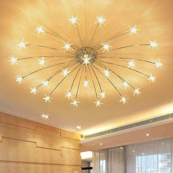 White Star Like Metal Sparlkly Chandeliers With Warm White & Cold White Lampshade colors,are iron finished,wedged base type,lighting area of 10-15square meters with 90-260VIs of Voltage and AC power source,installation type of cord pendant with more than 20 lights.Light source is LED Bulbs and bulbs are included in the package, available exclusively on Shahi Sajawat India, the world of home decor products.Best,trendy home decor and living room decor ideas of 2020.