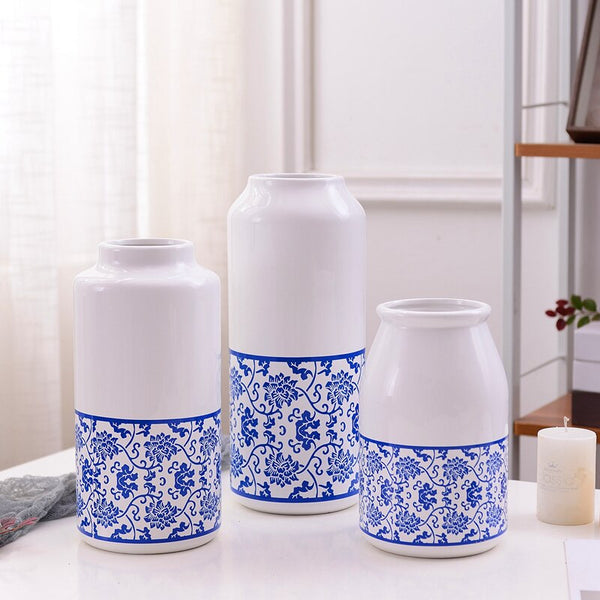 Blue And White European Floral Printed Ceramic Tabletop Vases Of Size Large ( 29×12.5×7.5cm), Of Medium (23.5×12×6.5cm), and Small(19.5×12.5×8cm), available exclusively on Shahi Sajawat India,the world of home decor products. Best trendy home decor, living room and kitchen decor ideas of 2019.