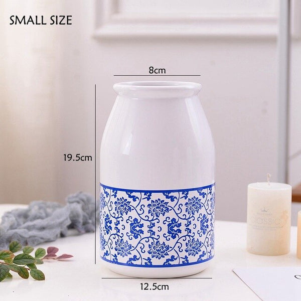 Blue And White European Floral Printed Ceramic Tabletop Vases Of Size Large ( 29×12.5×7.5cm), Of Medium (23.5×12×6.5cm), and Small(19.5×12.5×8cm), available exclusively on Shahi Sajawat India,the world of home decor products. Best trendy home decor, living room and kitchen decor ideas of 2019.