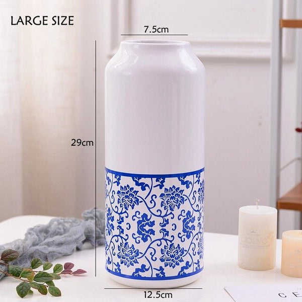 Blue And White European Floral Printed Ceramic Tabletop Vases Of Size Large ( 29×12.5×7.5cm), Of Medium (23.5×12×6.5cm), and Small(19.5×12.5×8cm), available exclusively on Shahi Sajawat India,the world of home decor products. Best trendy home decor, living room and kitchen decor ideas of 2019.