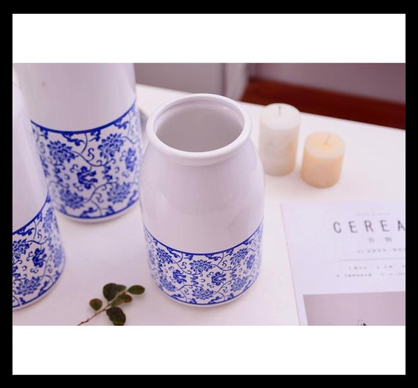 Blue And White European Floral Printed Ceramic Tabletop Vases Of Size Large ( 29×12.5×7.5cm), Of Medium (23.5×12×6.5cm), and Small(19.5×12.5×8cm), available exclusively on Shahi Sajawat India,the world of home decor products. Best trendy home decor, living room and kitchen decor ideas of 2019.