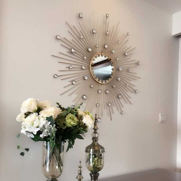Golden Sunburst Metal Wrought Iron Wall Mirrors are waterproof, corrosion resistant and scratch resistant, available exclusively on Shahi Sajawat India, the world of home decor products. Best trendy home decor, office decor, restaurant and hotel decor, living room and kitchen decor ideas of 2022.