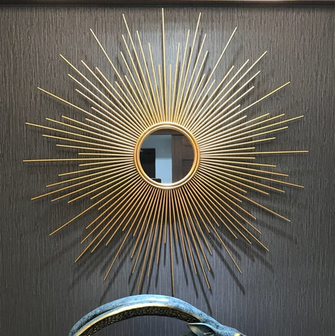 Large Golden Sunburst Metal Wall Mirror Made Of Quality Tempered Glass In 3 Size Options Of 60, 80 and 100cm, available exclusively on Shahi Sajawat India, the world of home decor products.Best trendy home decor, living room and kitchen decor ideas of 2019.