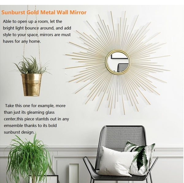 Large Golden Sunburst Metal Wall Mirror Made Of Quality Tempered Glass In 3 Size Options Of 60, 80 and 100cm, available exclusively on Shahi Sajawat India, the world of home decor products.Best trendy home decor, living room and kitchen decor ideas of 2019.