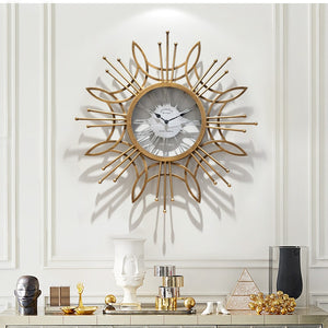 Large Golden Metal Circular Quartz Wall Clock With Needle Display, Abstract Pattern, Has 30mm Thick Plate, Single Face Form, Of Size 79.5x79.5x3.5cm/31.3x31.3x1.4inch Is Powered By: AA 1.5V Battery, available exclusively on Shahi Sajawat India,the world of home decor products.Best trendy home decor, living room and kitchen decor ideas of 2020.