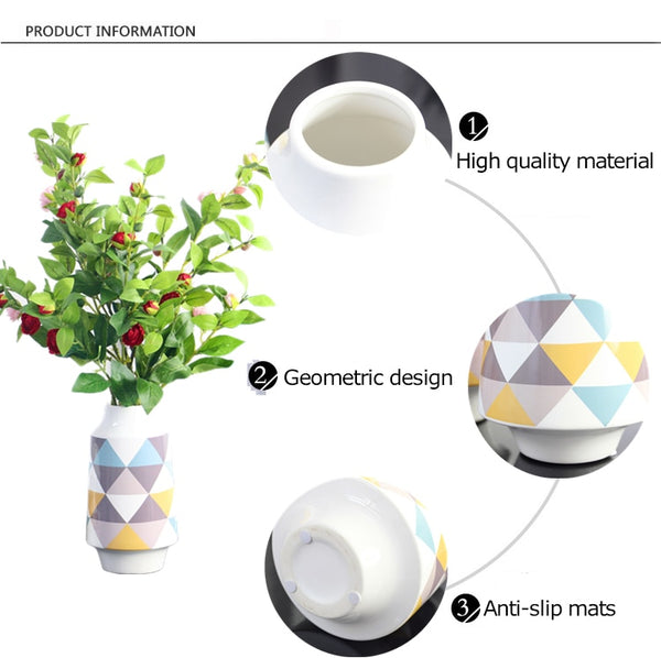 White Multicoloured Geometric Printed Tabletop Ceramic Vase With Anti-slip Mats at Bottom in Large And Medium,available exclusively on Shahi Sajawat India,the world of home decor products.Best trendy home decor, living room and kitchen decor ideas of 2019.