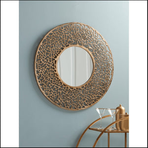 Large Gold Coral Metal Wall Mirror Of Size 80cm Is Waterproof, Scratch Resistant And Corrosion Resistant, available exclusively on Shahi Sajawat India, the world of home decor products.Best trendy home decor, living room, kitchen and bathroom decor ideas of 2022.
